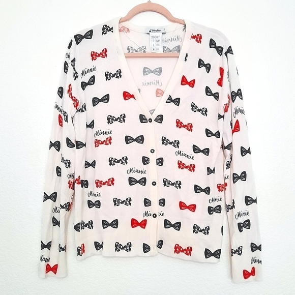 Disney Parks Minnie Mouse Bows Long Sleeve V Neck Cardigan Sweater L - Picture 1 of 4